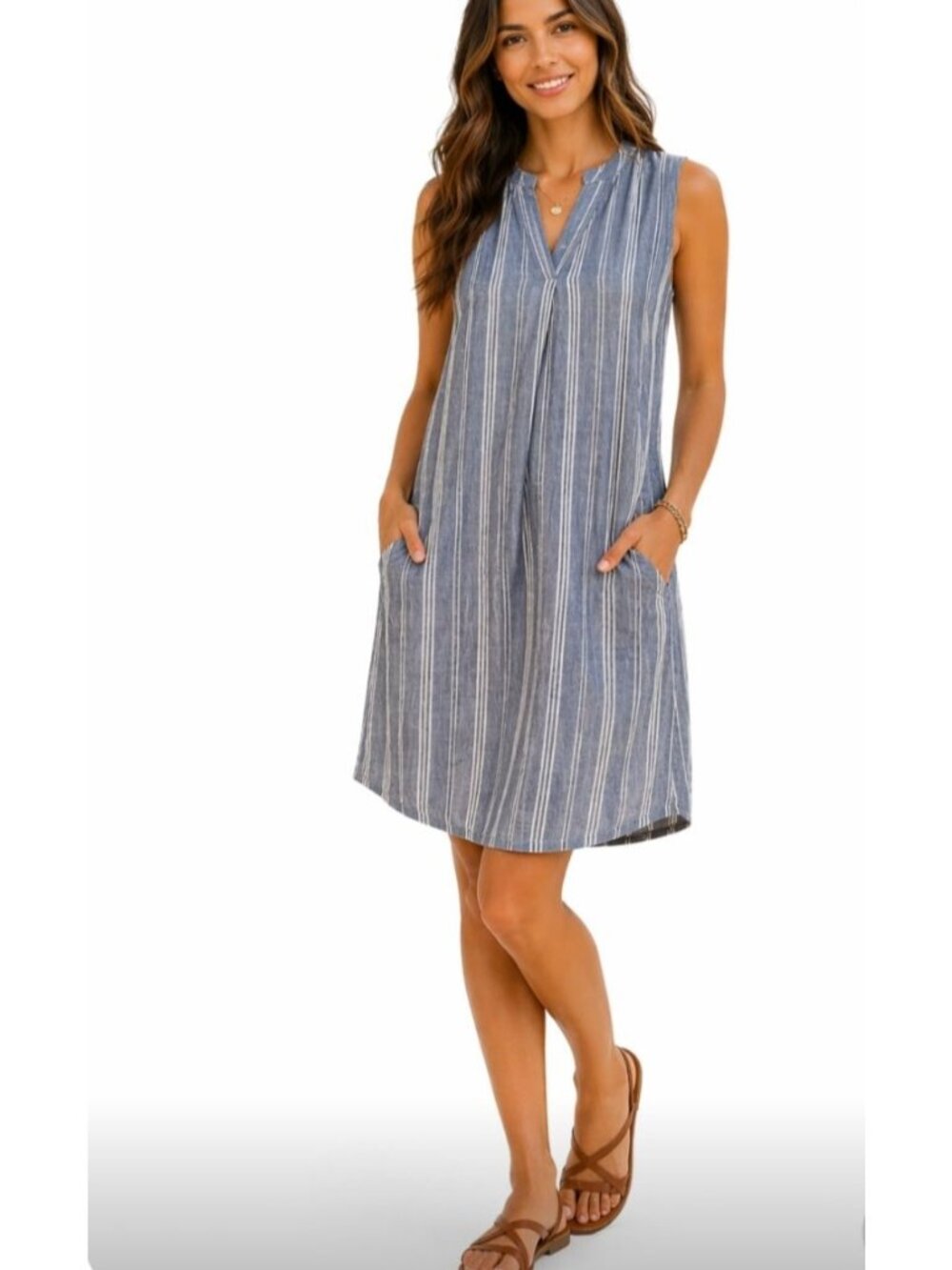 Jones New York Linen Blend Midi Dress Striped Casual Vacation Pockets Size 4